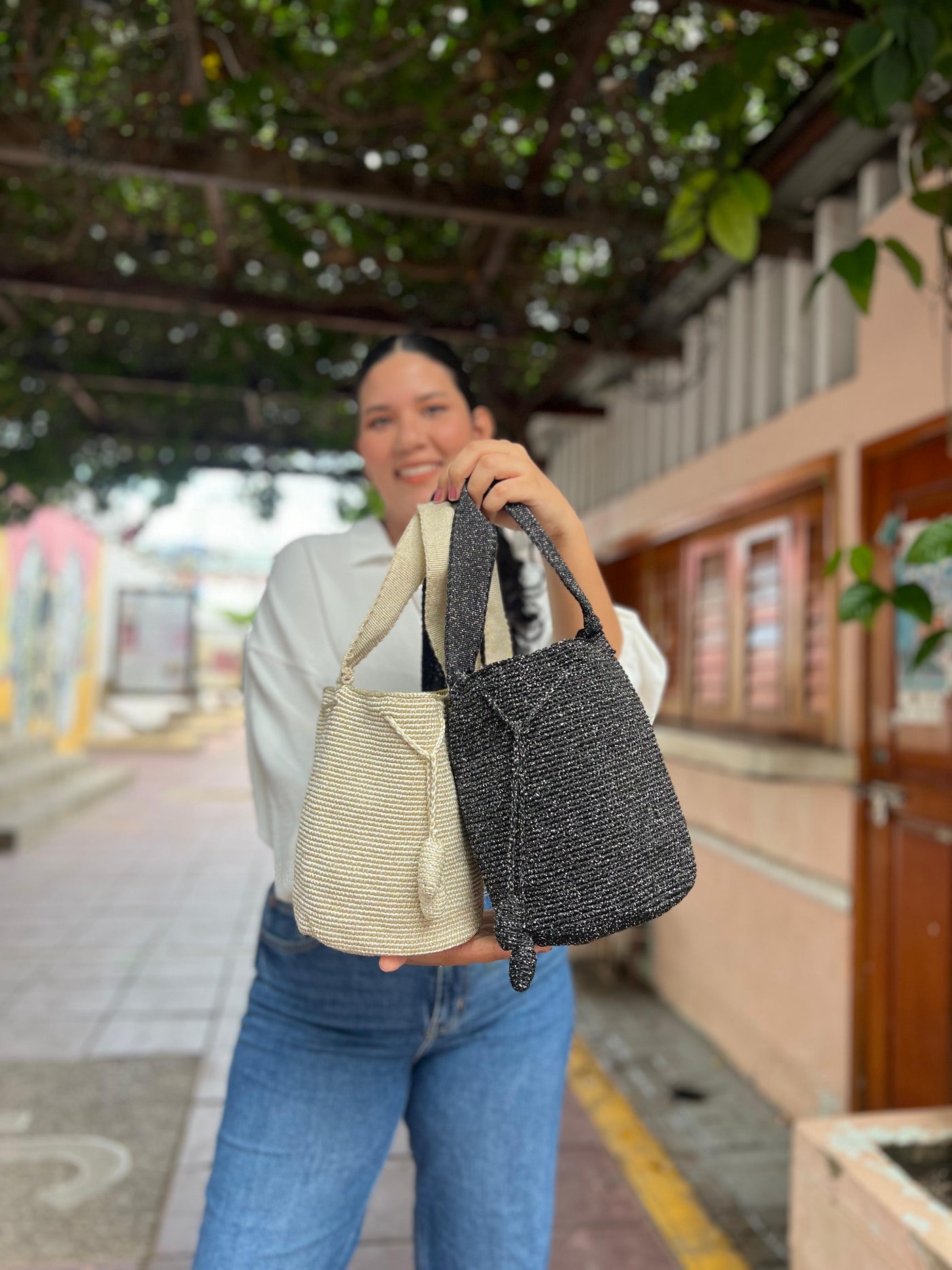 Elegant Hand-Crocheted Silk Crossbody Bucket Bags – Perfect for a Night Out