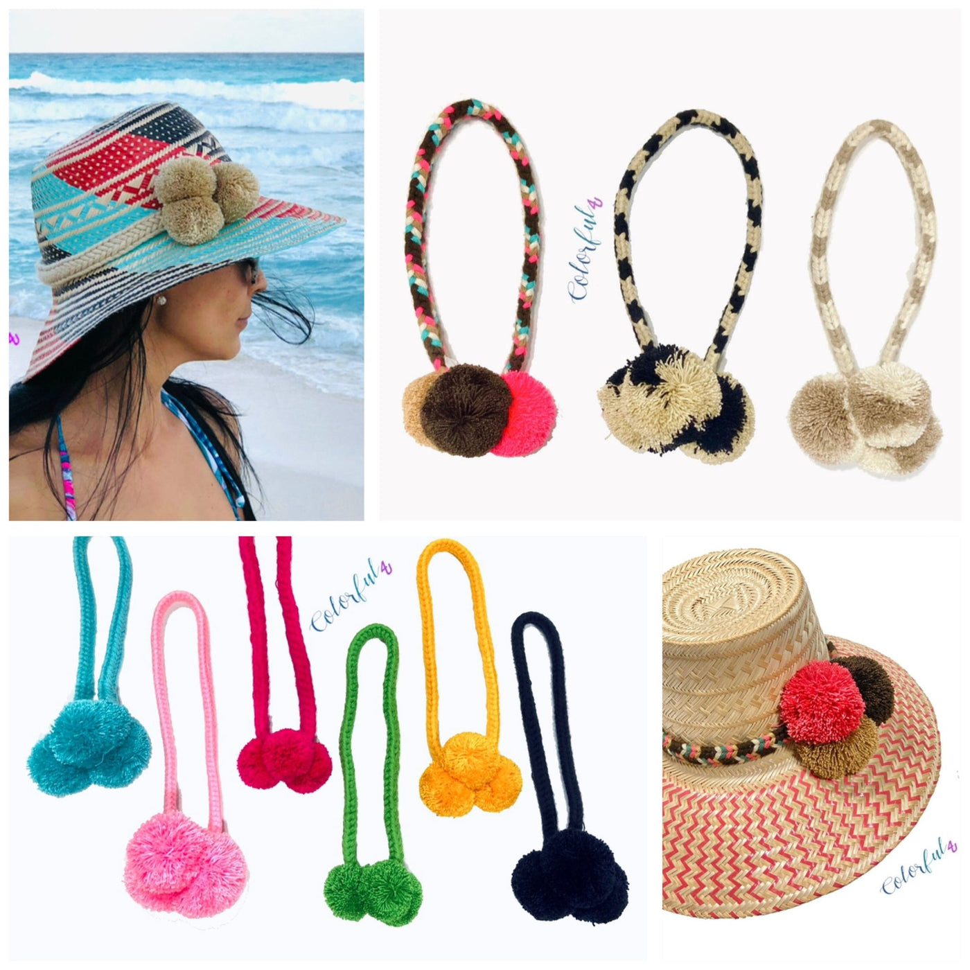 Black Handwoven Hat with Colorful Pompom Band - Colorful 4U - Handmade Iraca Straw Hat - Wayuu Hat