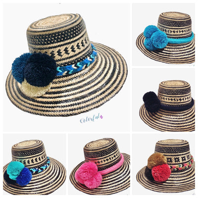 Black Handwoven Hat with Colorful Pompom Band - Colorful 4U - Handmade Iraca Straw Hat - Wayuu Hat