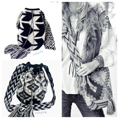 Black & White Bohemian Bags - L - Colorful 4U - Crossbody Crochet Boho Bag - Traditiona