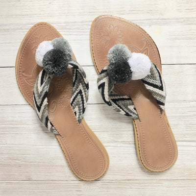 Black & White Pom Pom Sandals - Summer Flip Flops SWP013 - Colorful 4U - Summer Sandals