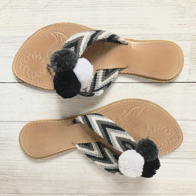 Black & White Pom Pom Sandals - Summer Flip Flops SWP013 - Colorful 4U - Summer Sandals