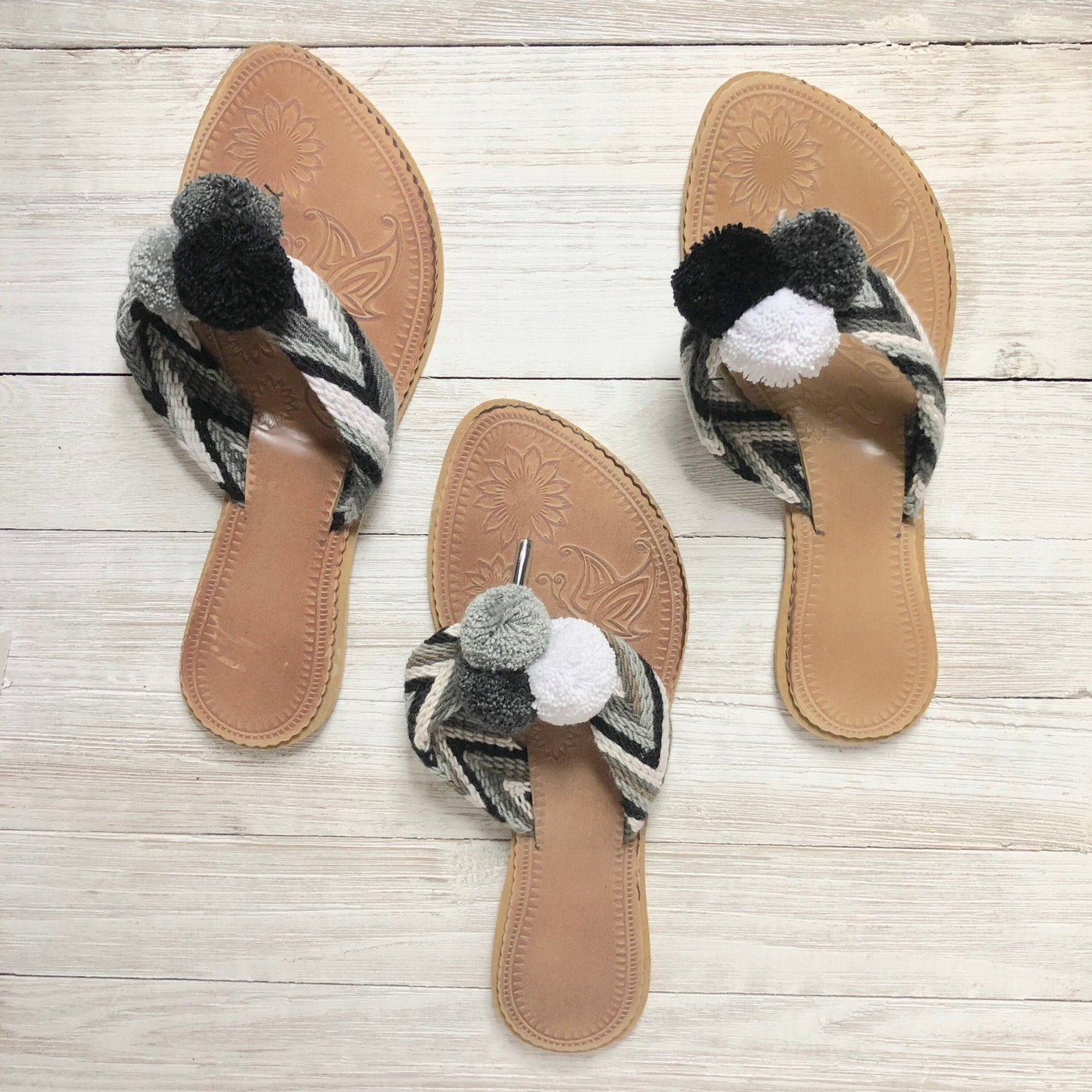 Black White Pom Pom Sandals Summer Flip Flops SWP013