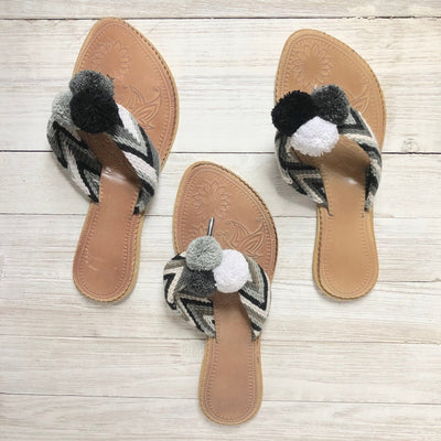 Black & White Pom Pom Sandals - Summer Flip Flops SWP013 - Colorful 4U - Summer Sandals