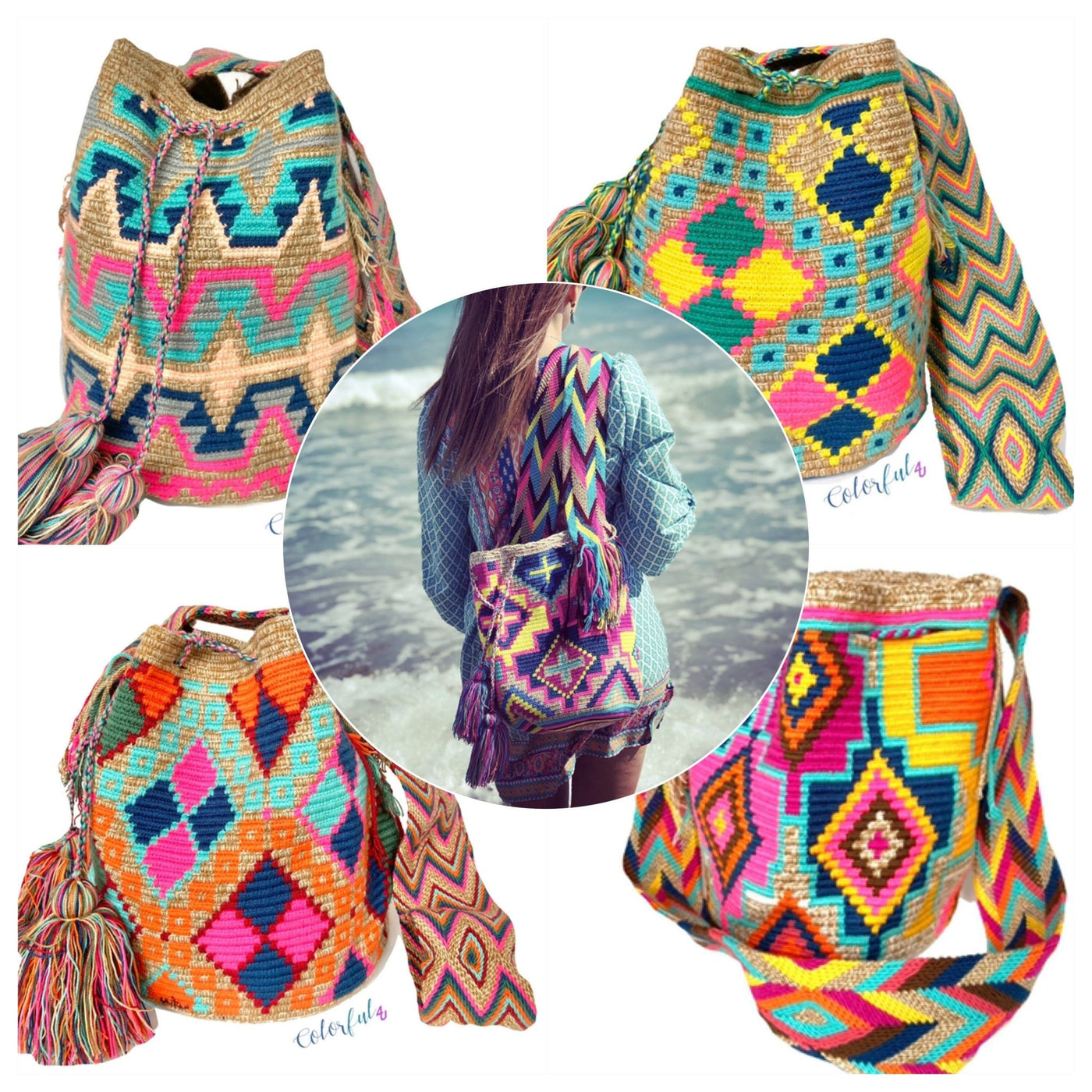 Blue Sunset Beach Bags | Crossbody Large - Colorful 4U - Shaded Crochet Boho Bag - Crossbody/Shoulder Bucket Bag