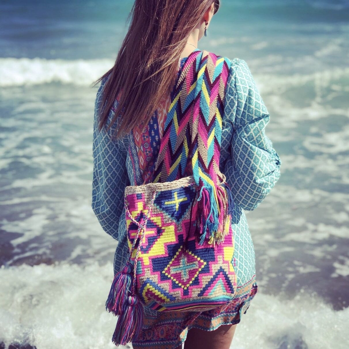 Blue Sunset Beach Bags | Crossbody Large - Colorful 4U - Shaded Crochet Boho Bag - Crossbody/Shoulder Bucket Bag