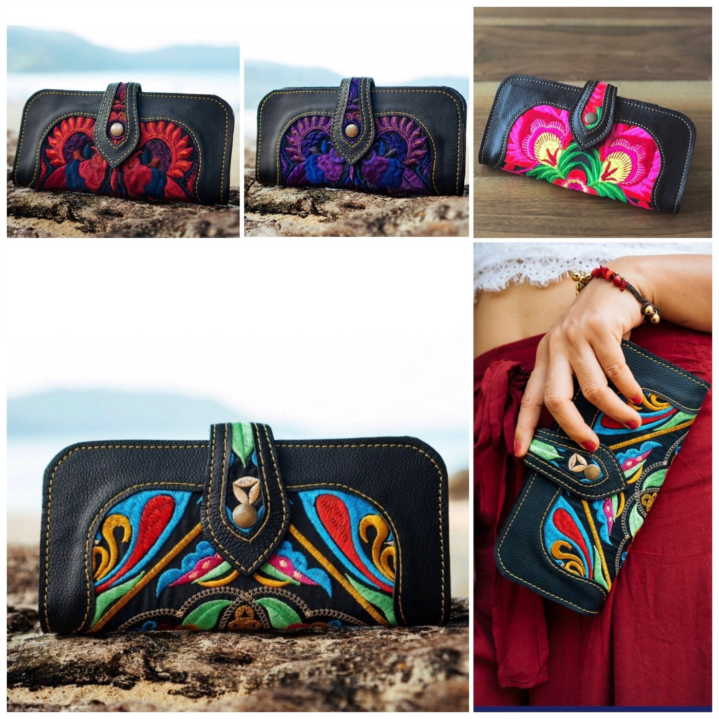 Bohemian Embroidered Wallet - Handmade Leather Wallet - Colorful 4U - Embroidered Bag