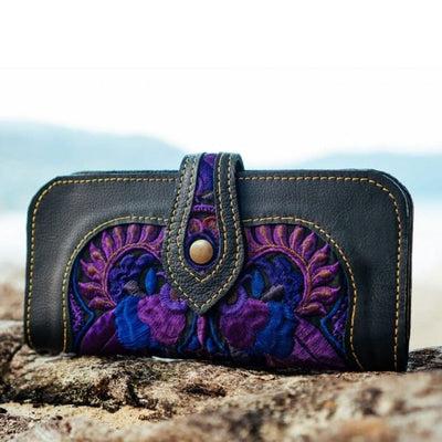 Bohemian Embroidered Wallet - Handmade Leather Wallet - Colorful 4U - Embroidered Bag