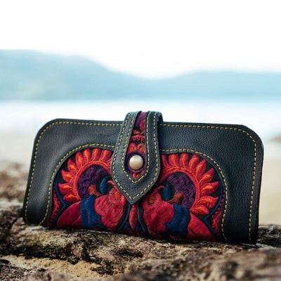 Bohemian Embroidered Wallet - Handmade Leather Wallet - Colorful 4U - Embroidered Bag