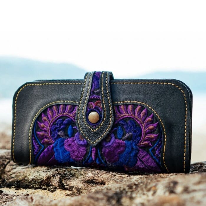 Bohemian Embroidered Wallet - Handmade Leather Wallet - Colorful 4U - Embroidered Bag