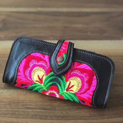 Bohemian Embroidered Wallet - Handmade Leather Wallet - Colorful 4U - Embroidered Bag