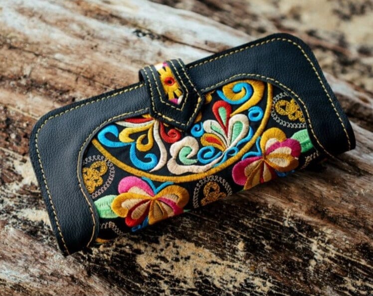 Bohemian Embroidered Wallet - Handmade Leather Wallet - Colorful 4U - Embroidered Bag