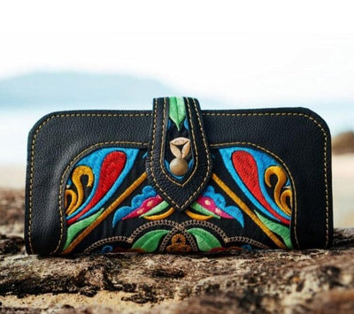 Bohemian Embroidered Wallet - Handmade Leather Wallet - Colorful 4U - Embroidered Bag