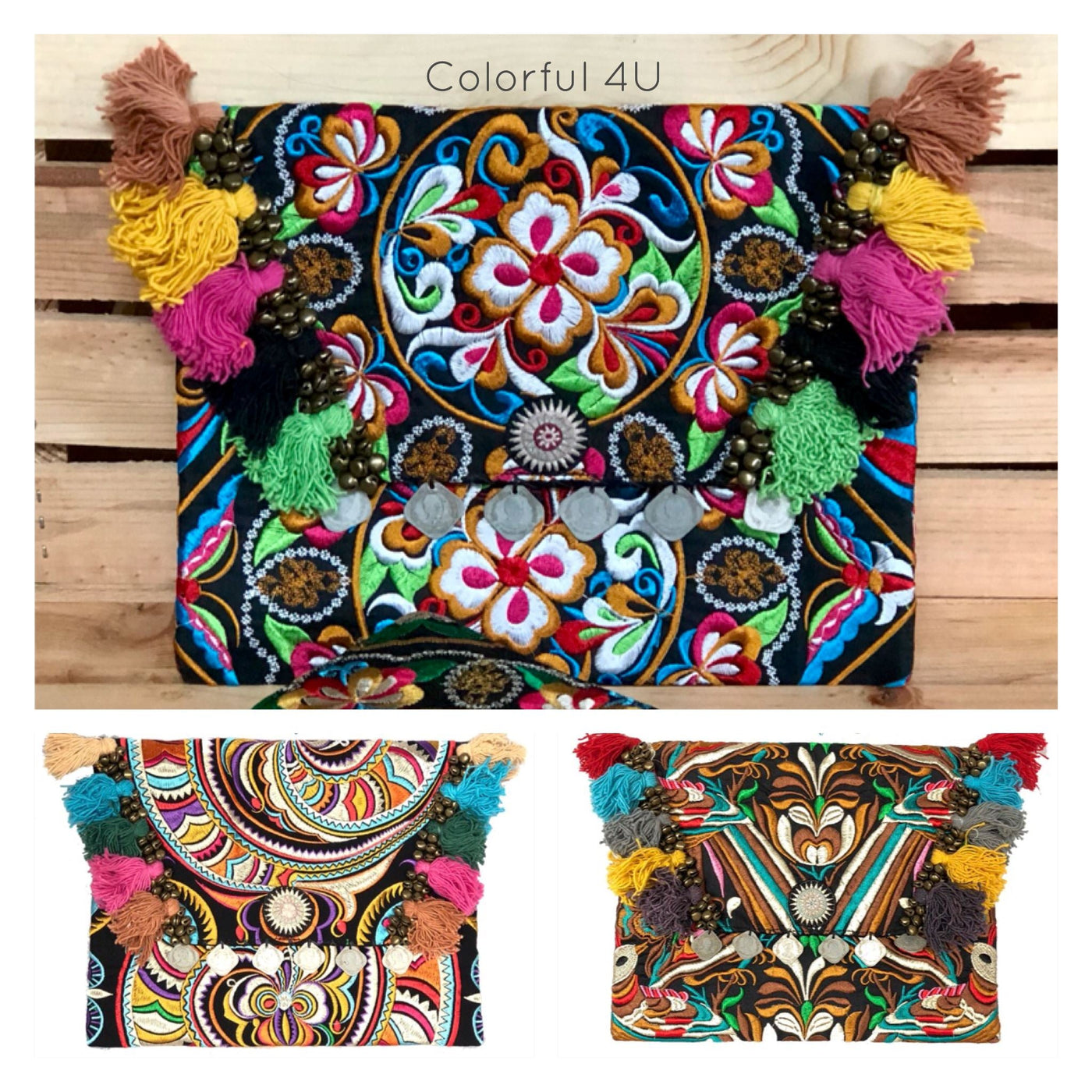 Colorful Embroidered Boho Clutch - Bohemian Black - Colorful 4U - Embroidered Clutch Bag