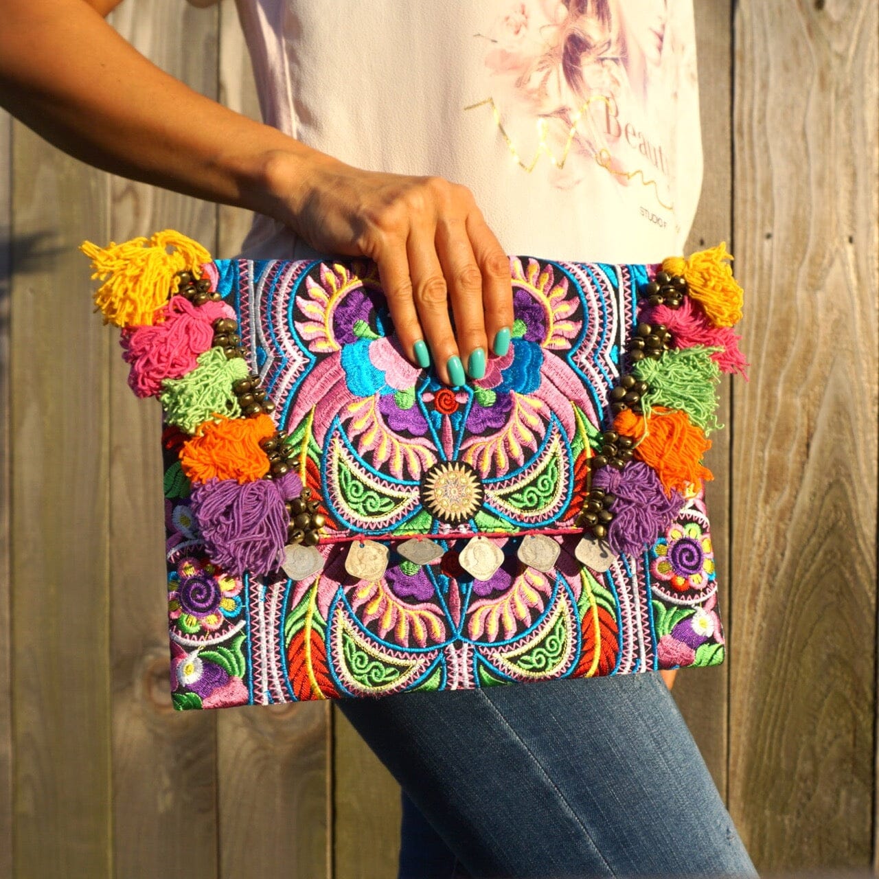 Colorful Embroidered Clutch - Tassel Clutch Bag - Bohemian Style - Colorful 4U - Embroidered Clutch Bag