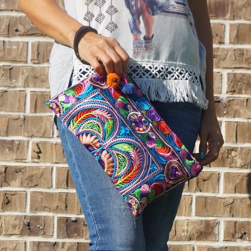 Colorful Embroidered Wristlet Bag - Boho Chic Pom - Pom Clutch - Colorful 4U - Embroidered Bag