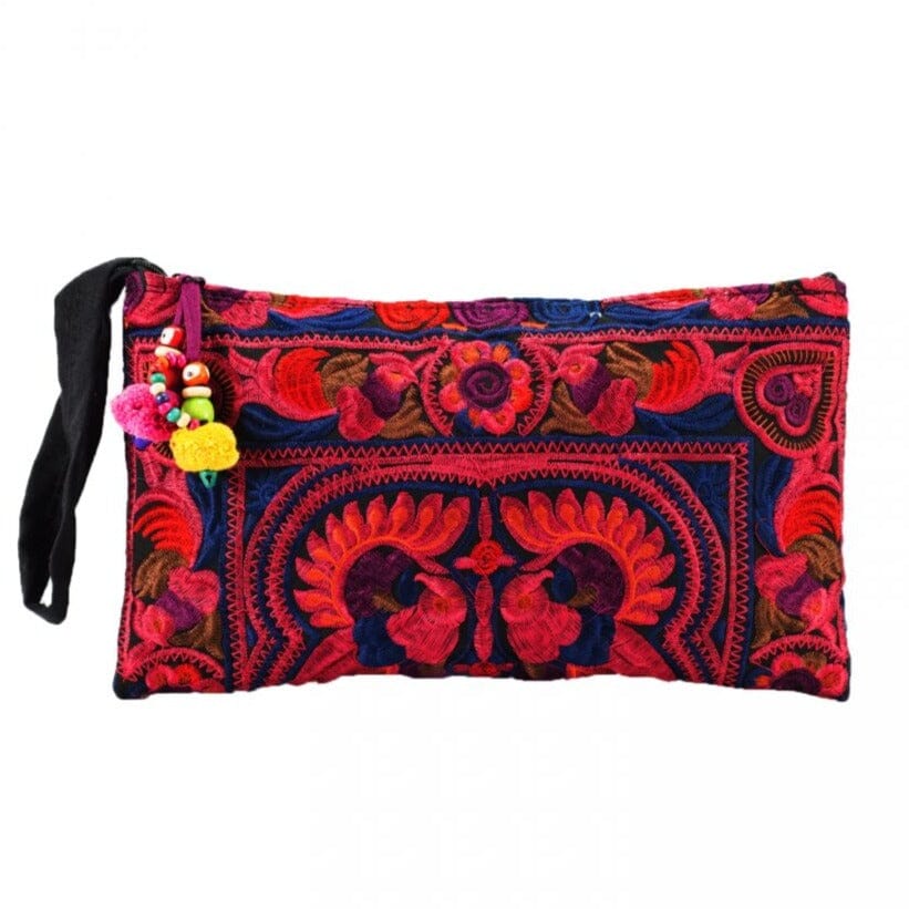 Colorful Embroidered Wristlet Bag - Boho Chic Pom - Pom Clutch - Colorful 4U - Embroidered Bag