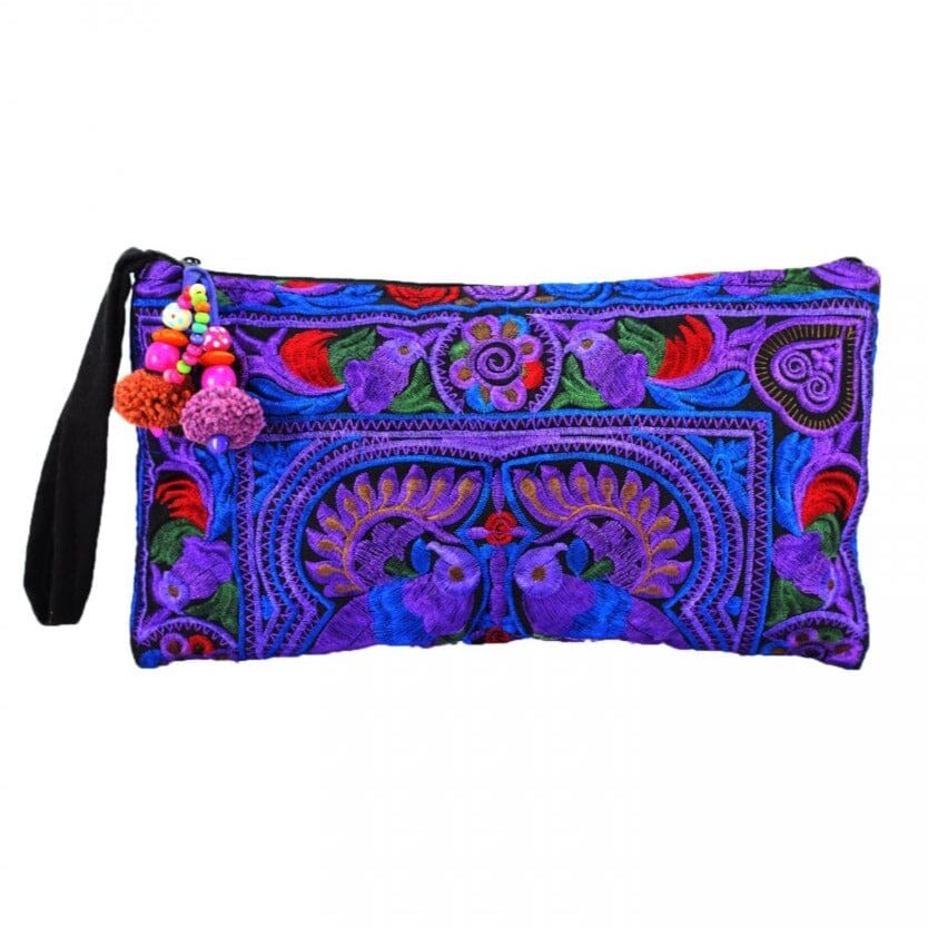 Colorful Embroidered Wristlet Bag - Boho Chic Pom - Pom Clutch - Colorful 4U - Embroidered Bag