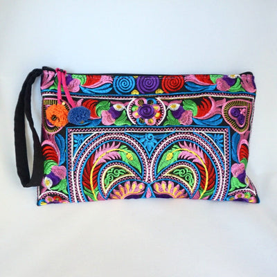 Colorful Embroidered Wristlet Bag - Boho Chic Pom - Pom Clutch - Colorful 4U - Embroidered Bag