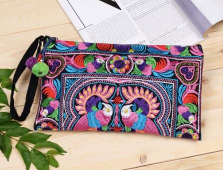 Colorful Embroidered Wristlet Bag - Boho Chic Pom - Pom Clutch - Colorful 4U - Embroidered Bag