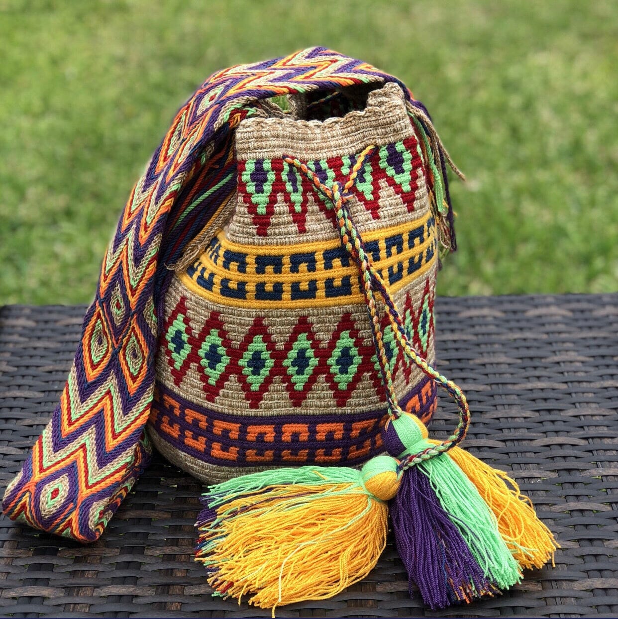 Turquoise Crossbody Crochet Bag-Boho Bag-Bohemian-Bucket-Hippie-Wayuu 91-Turquoise & Rose